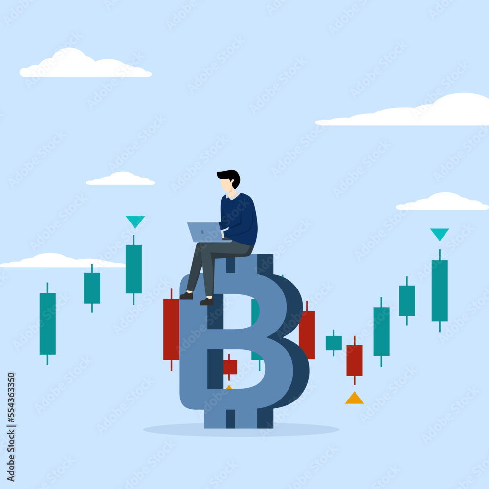 businessman investor using computer to trade crypto in big Bitcoin with candlestick price chart chart, Bitcoin and cryptocurrency investment, crypto trading make profit and income from Bitcoin price. businessman investor using computer to trade crypto in big Bitcoin with candlestick price chart chart, Bitcoin and cryptocurrency investment, crypto trading make profit and income from Bitcoin price.
