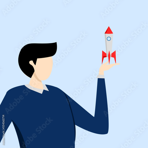 Confident businessman holding rocket project thinking to launch. Entrepreneur and startup project, innovation for success concept, starting new business, opportunity to discover new product.