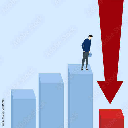businessman investor looking through to see the graph of despair. Forecast or prediction of next economic recession, underperformance or declining GDP, stock market decline or earnings decline concept