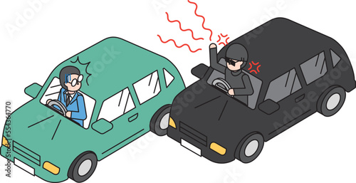 運転中に悪質な煽りを受けるドライバー男性のアイソメイラスト