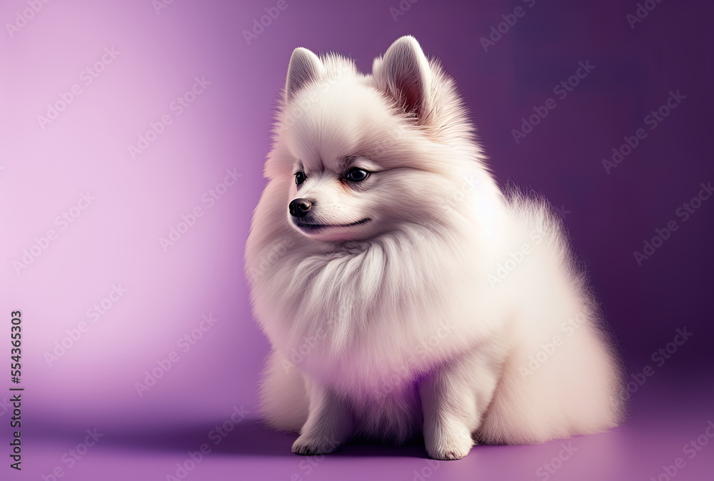 Pomeranian dog in white resting against a purple backdrop. adorable tiny spitz Text placement. Generative AI
