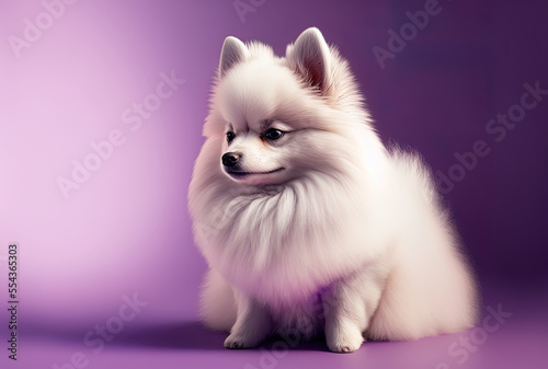 Pomeranian dog in white resting against a purple backdrop. adorable tiny spitz Text placement. Generative AI