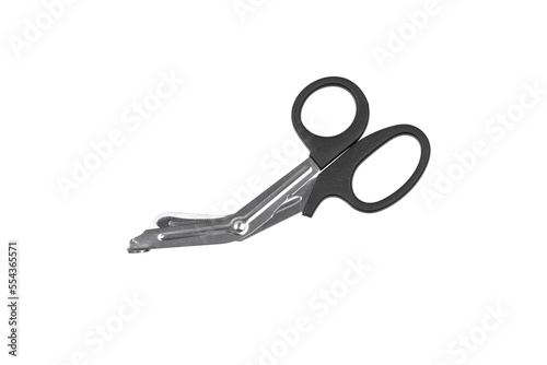 Medical metal scissors with black plastic handles. Paramedic tool. Isolate on a white back.