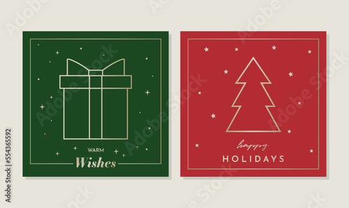 Holiday Set Of Two Square Greeting Cards. Elegant Golden Graphics On Green And Red Background. "Warm Wishes” And ”Happy Holidays” Text.