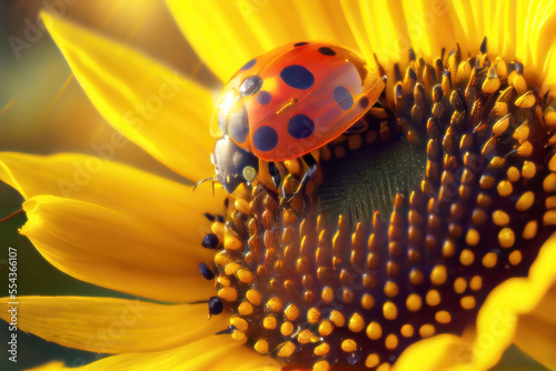 ladybug on sunflower in gentle morning sunshine of nature