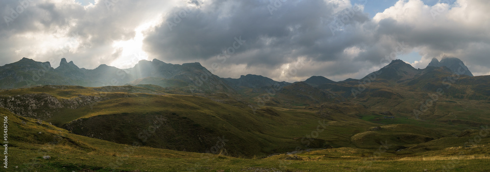 Panorama of landscape at the Col du Pourtalet in the Pyrenees Mountains at the french and spanish border, Col du Pourtalet, Nouvelle-Aquitaine France