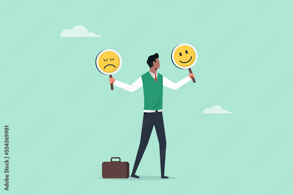 Mental health and emotional state. Smile face and sad face. Businessman holding smile and sad face sign Mental health and emotional state. Smile face and sad face. Businessman holding smile and sad face sign