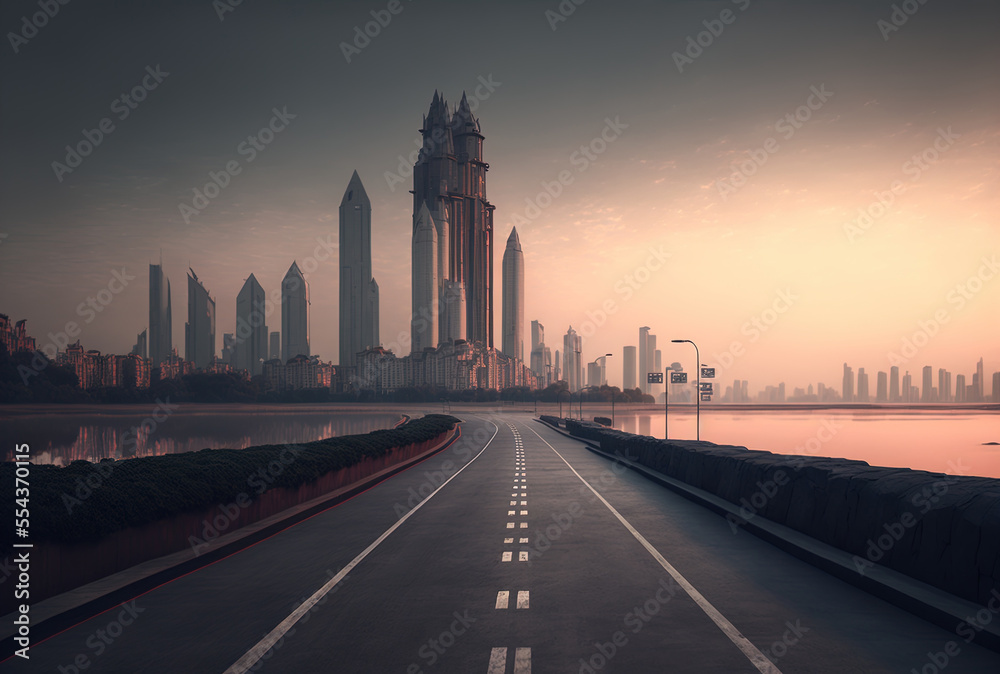 empty asphalt road and Suzhou's stunning skyline. Generative AI