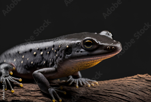 Black backdrop and close up of a tylototriton verrucosus salamander on wood. Generative AI