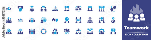 Teamwork icon collection. Duotone color. Vector illustration. Containing group, hands, winners, partnership, crowd, collaboration, ideas, interview, discuss, empathy, team, world, puzzle, and more.