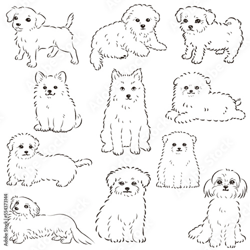 かわいい人気のミックス犬　手描き線画ベクターイラストセット
