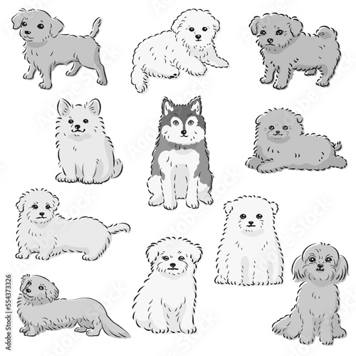 かわいい人気のミックス犬　手描き線画ベクターイラストセット