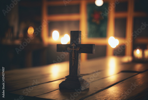 Church interior with bokeh ceremony lighting and a wooden crucifix on a wooden table. Generative AI