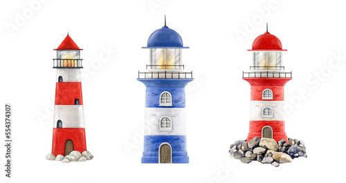 Lighthouse building watercolor illustration set. Hand drawn striped sea coast vintage style beacons. Beacon coast landscape element set. Lighthouse collection on white background