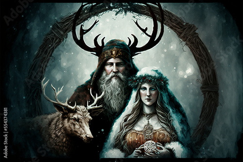Pagan Christmas Yule Holiday Card Style Painting of Holly King and Winter Goddess  Generative AI photo