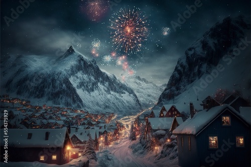 Cozy winter town that's celebrating, Christmas with fireworks.