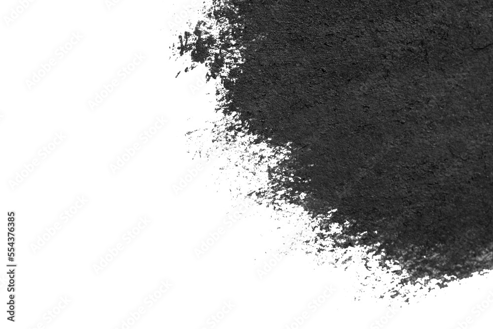 Obraz premium Brush strokes of black acrylic paint close-up. Edge of Smeared Acrylic Black Spot isolated on white background. Abstract creative background. Art drawing texture concept. Copy space, space for text