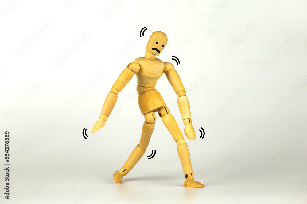 The wooden puppet exhibits abnormal gait, staggering, hangover