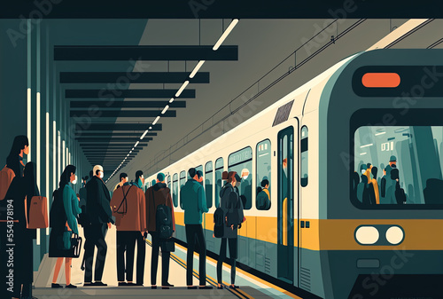 a flat public transportation background featuring a metro or suburban train and people on a platform. Generative AI