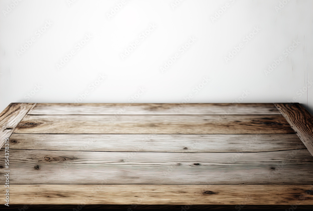 White background with a wooden tabletop. Rustic wood table that is empty. Generative AI