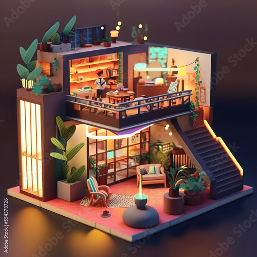 Miniature Interior of Futuristic Cyberpunk House Diorama with cute furniture and toys Generative AI technology