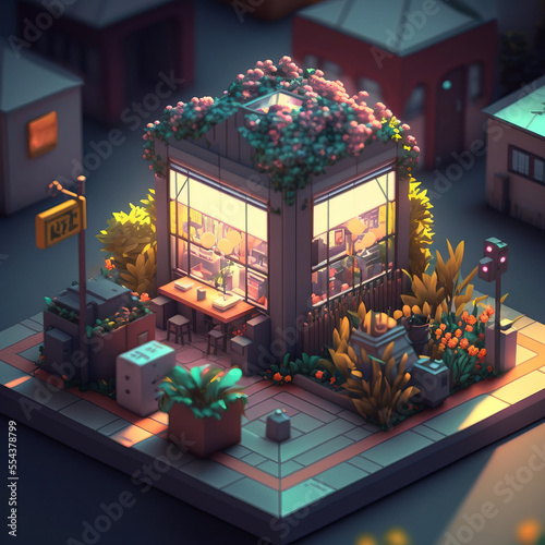 Isometric futuristic cyberpunk town square with sunshine through window and flowers, 3d post production digital illustration Generative AI Stock illustration