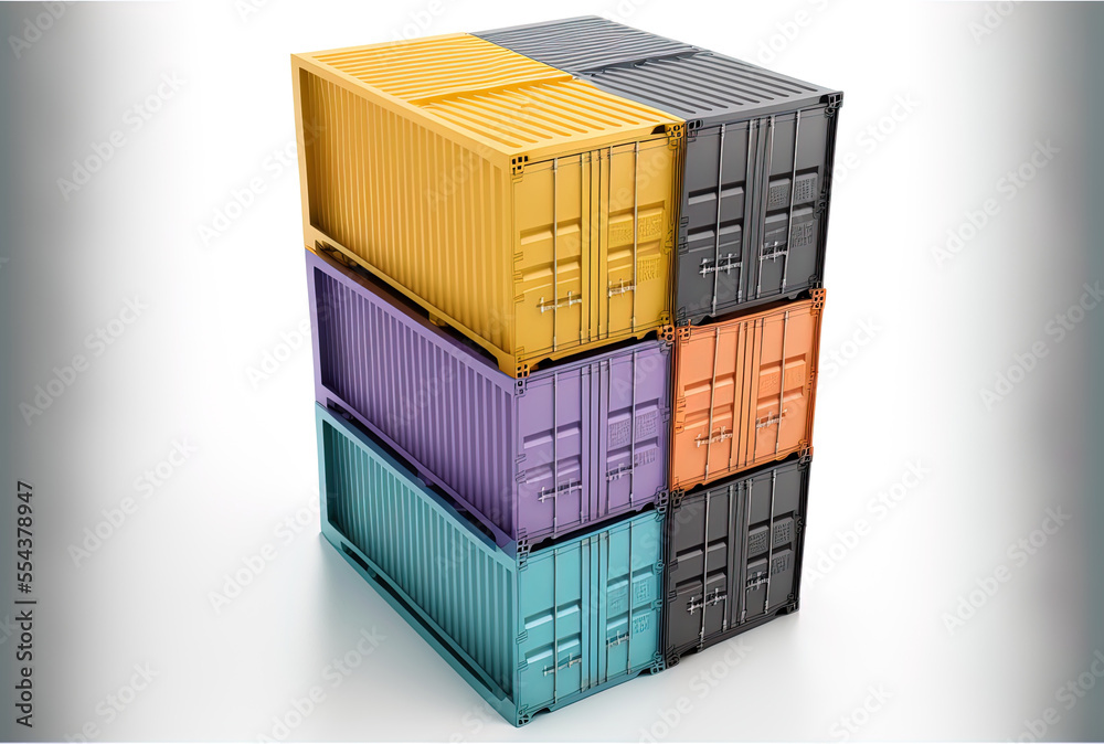 Fototapeta premium Metal container stacking goods for shipment, logistics export import business idea, isolated on white backdrop. Generative AI