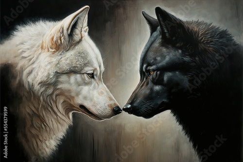 Ai generated illustration of a two wolf, black wolf and white wolf photo