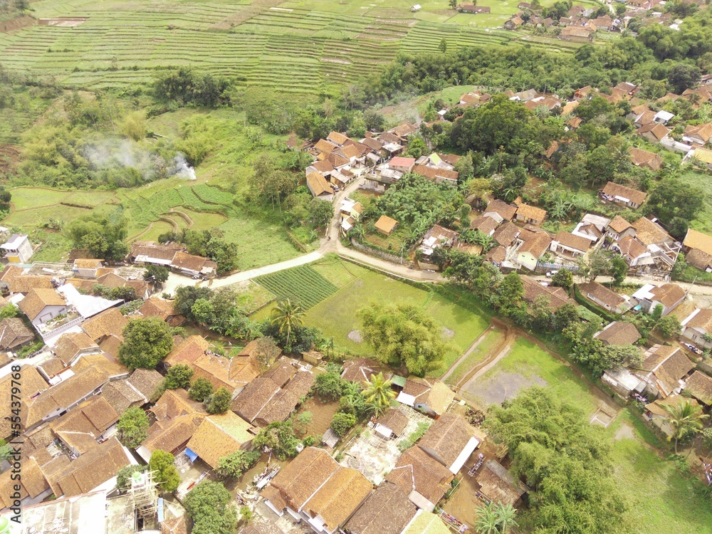 Abstract Defocused Blurred Background Aerial hill surrounded by residential areas in Cikancung - Indonesia. Not Focus