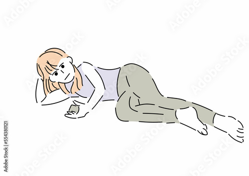 寝転んでスマホを操作している女性のイラスト