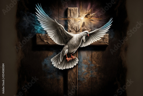 crucifix and a peace dove bird on a magnificent Good Friday background Fototapet