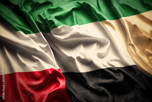 a close up with intriguing textures of the Kuwaiti flag waving. Generative AI