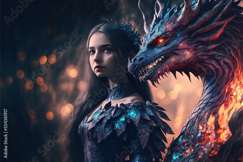 Ai generated illustration of an photographic of an 3D render fantasy dragon and a girl