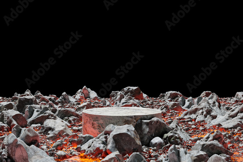 Billede på lærred Abstact 3D render Platform backgrond, Stone podium on the lava and magma with ro