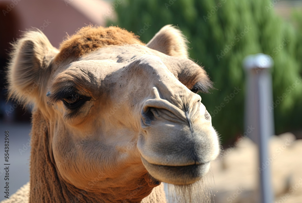 During the day, a camel at the zoo is seen up close. Generative AI