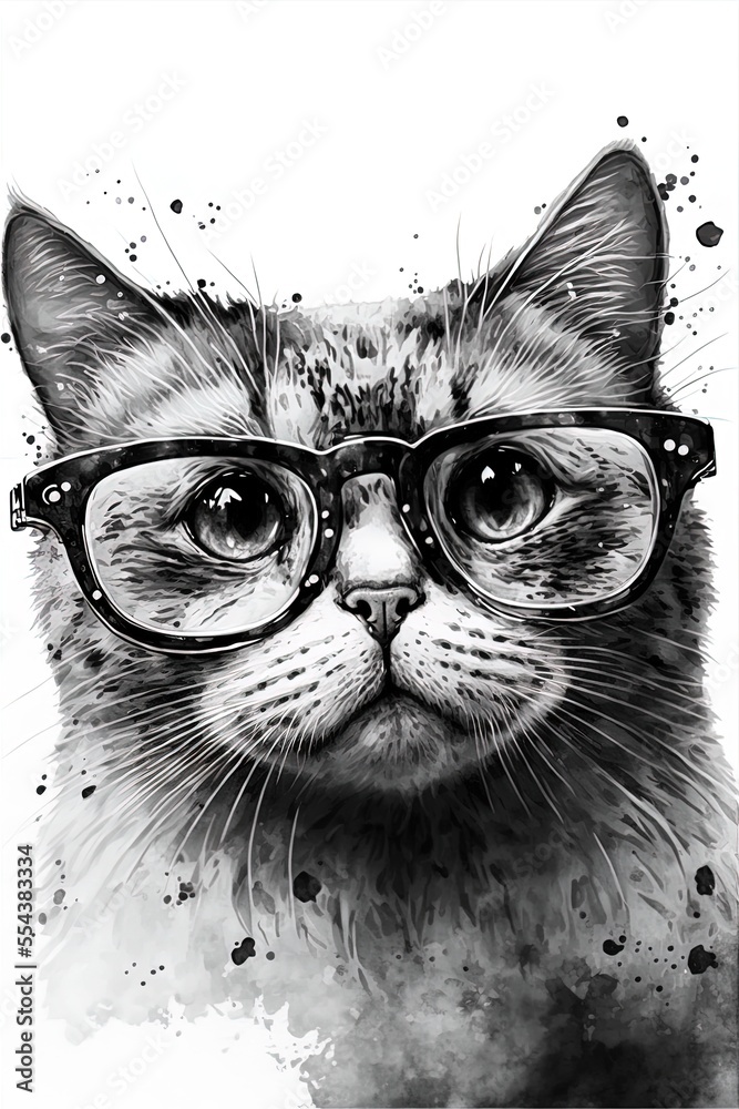 Ai generated illustration of a Black and white painting of an Cat ...