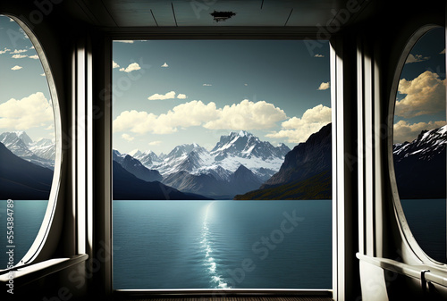 View of the water and mountains from the cruise ship deck. Generative AI