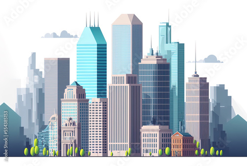 Downtown city with skyscrapers  office buildings  clouds  and a clear sky. Cityscape of the downtown area. large city structures. Real estate clipart for towns. flat art isolated on a white bac