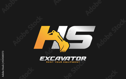HS logo excavator for construction company. Heavy equipment template vector illustration for your brand.