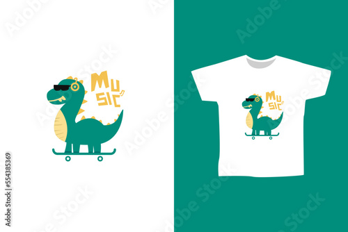 Vector cute dino listening music on skateboard for print or t shirt design