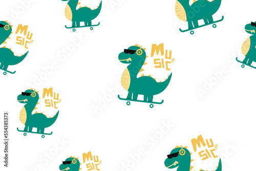 Vector pattern dino listening music on skateboard concept design illustration