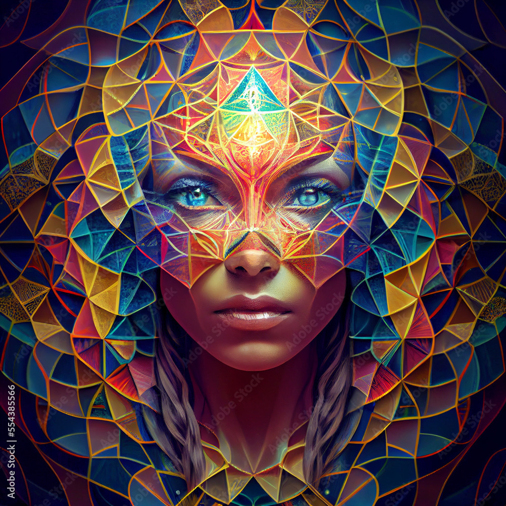 Enlightened Sacred Geometry Woman, AI	 - obrazy, fototapety, plakaty 