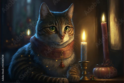 Christmas Cat holiday card style photorealistic painting of tabby cat with candles Generative AI photo