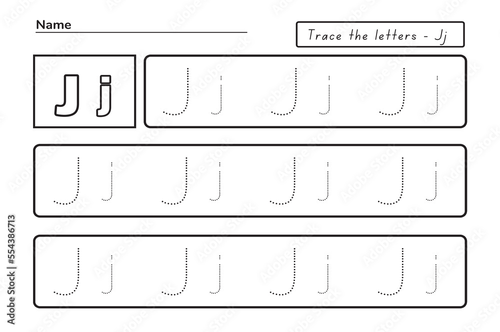 Trace letters j. uppercase and lowercase. Alphabet tracing practice preschool worksheet for kids learning English. Activity page for Pre-K, kindergarten. Vector illustration Trace letters j. uppercase and lowercase. Alphabet tracing practice preschool worksheet for kids learning English. Activity page for Pre-K, kindergarten. Vector illustration