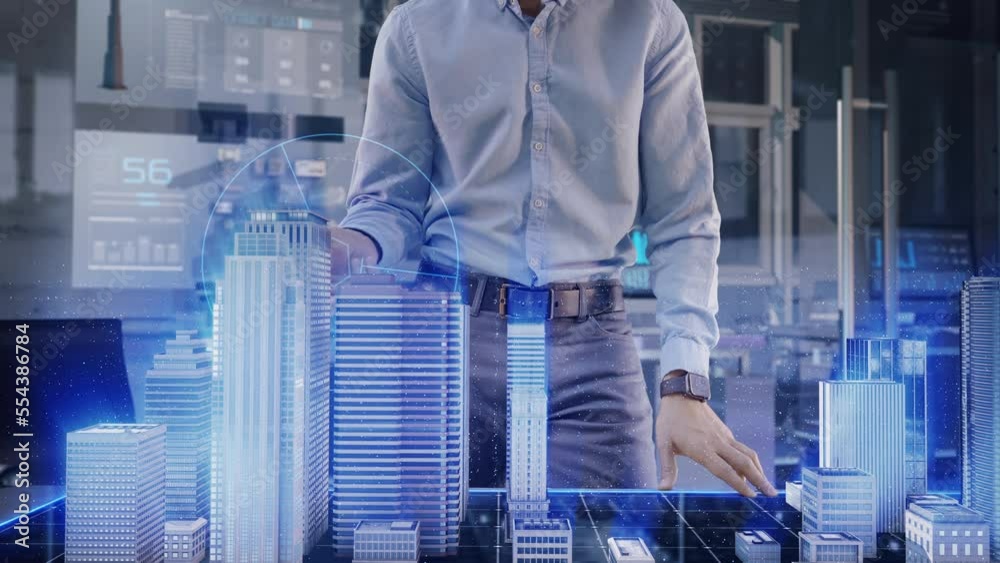 Professional Architect works with Holographic Augmented Reality 3D City Model using gestures. Technologically Advanced Office use Augmented Virtual Modeling Software Application on Futuristic Display.