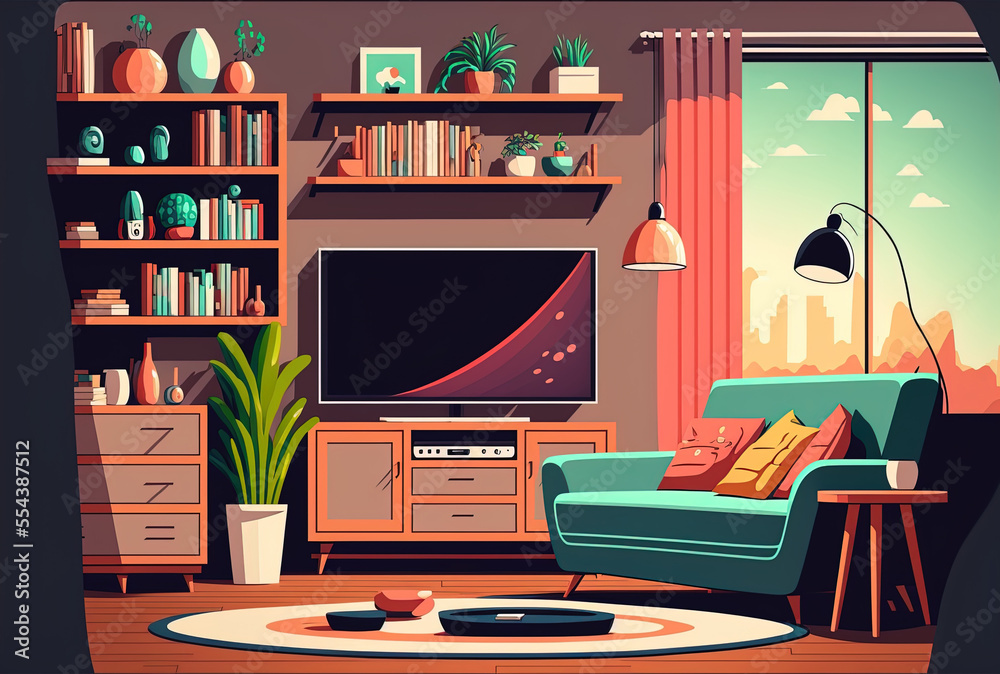Interior of a living room with a couch, TV, bookshelves, and coffee