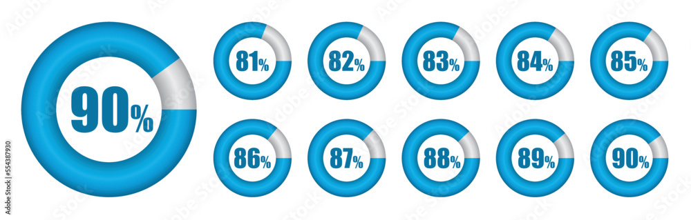 Vector set of Pie chart from 81 to 90 percent. Vector illustration ...