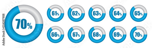 Vector set of Pie chart from 61 to 70 percent. Vector illustration.