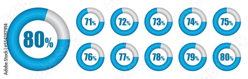 Vector set of Pie chart from 71 to 80 percent. Vector illustration.