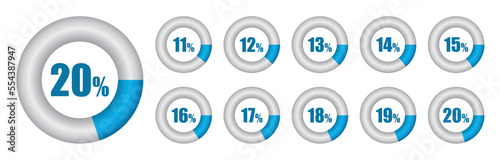 Vector set of Pie chart from 11 to 20 percent. Vector illustration.